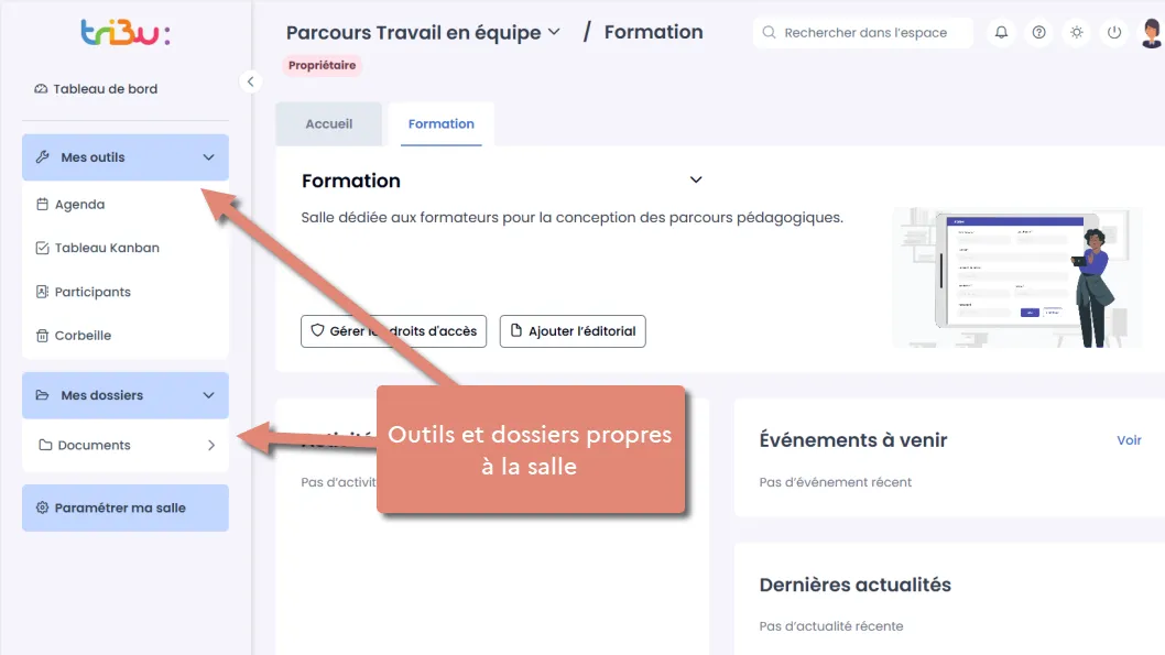 vue de l’accueil d’une salle avec le dossier documents et les fonctionnalités disponibles