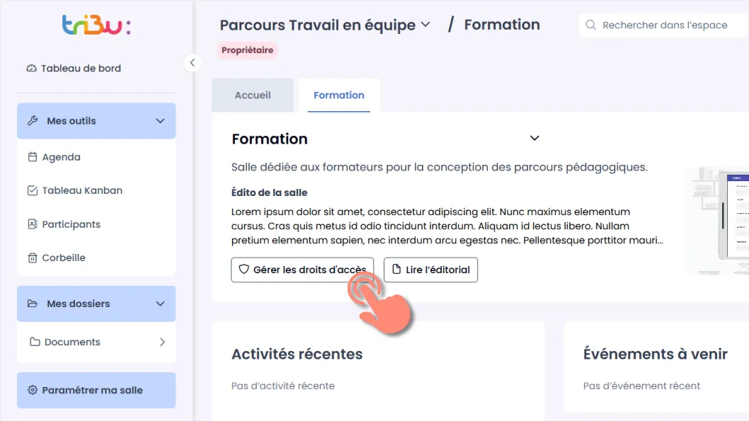 bouton gérer les droits d’accès dans les paramètres de la salle