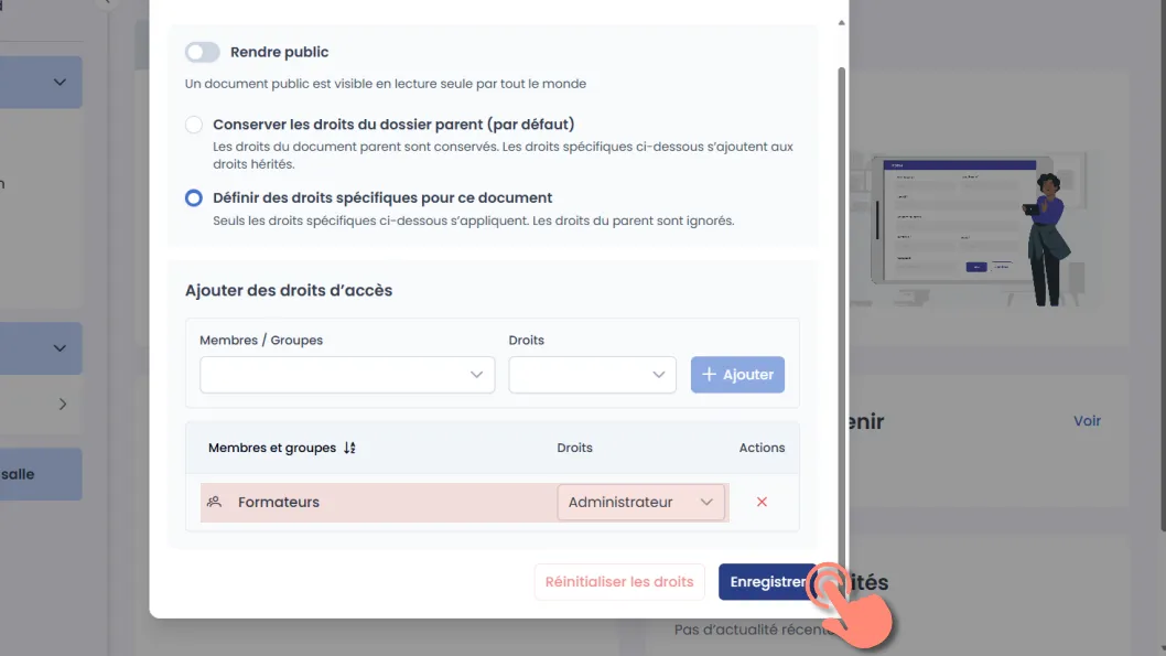 bouton enregistrer pour valider les droits d’accès définis