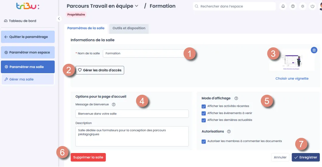 page de paramétrage de la salle avec les options de configuration disponibles.