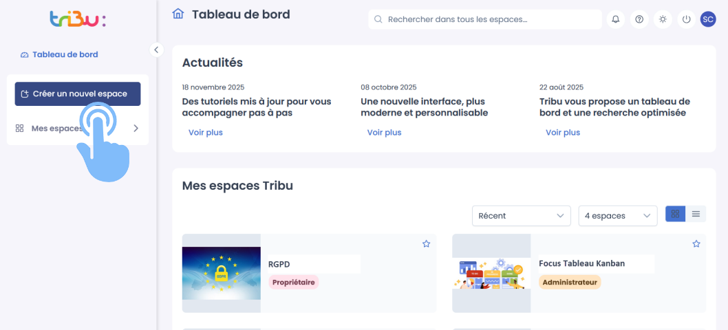 bouton créer un nouvel espace