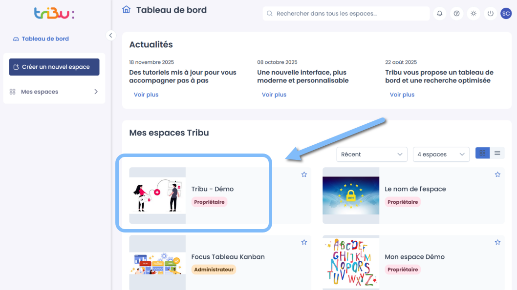 nouvel espace créé dans le tableau de bord