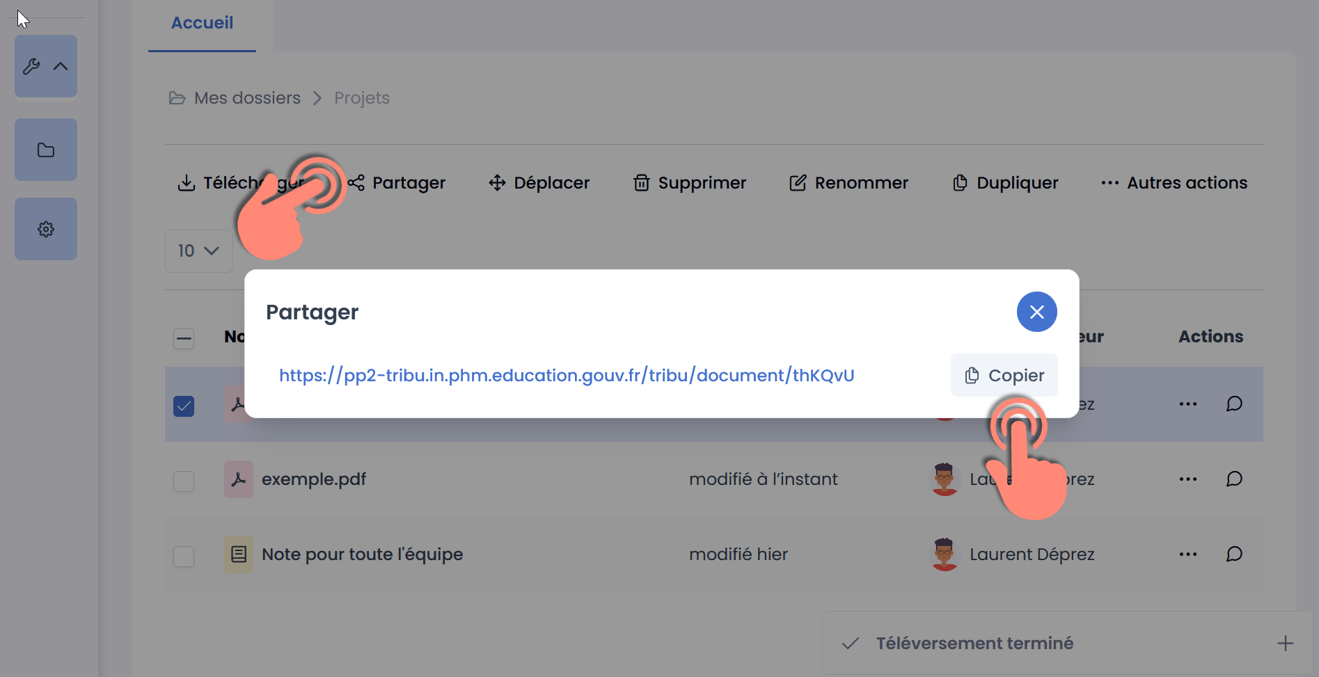 bouton partager et lien à copier