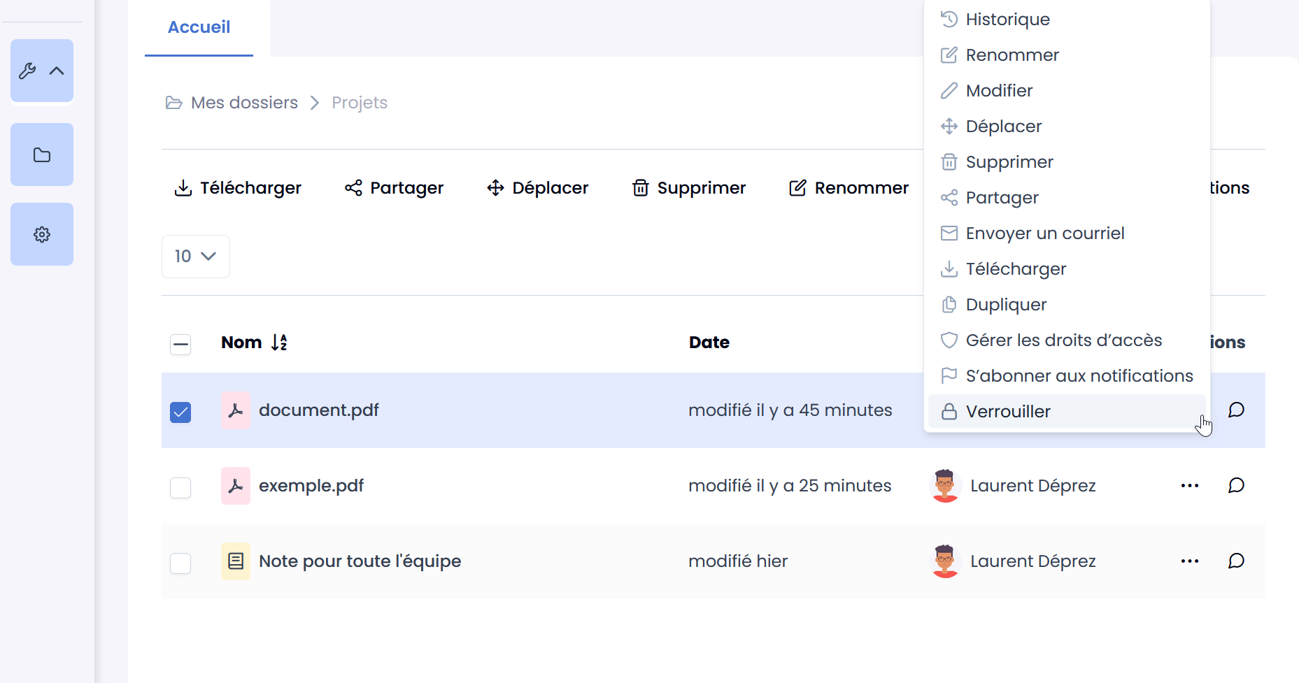 menu autres actions