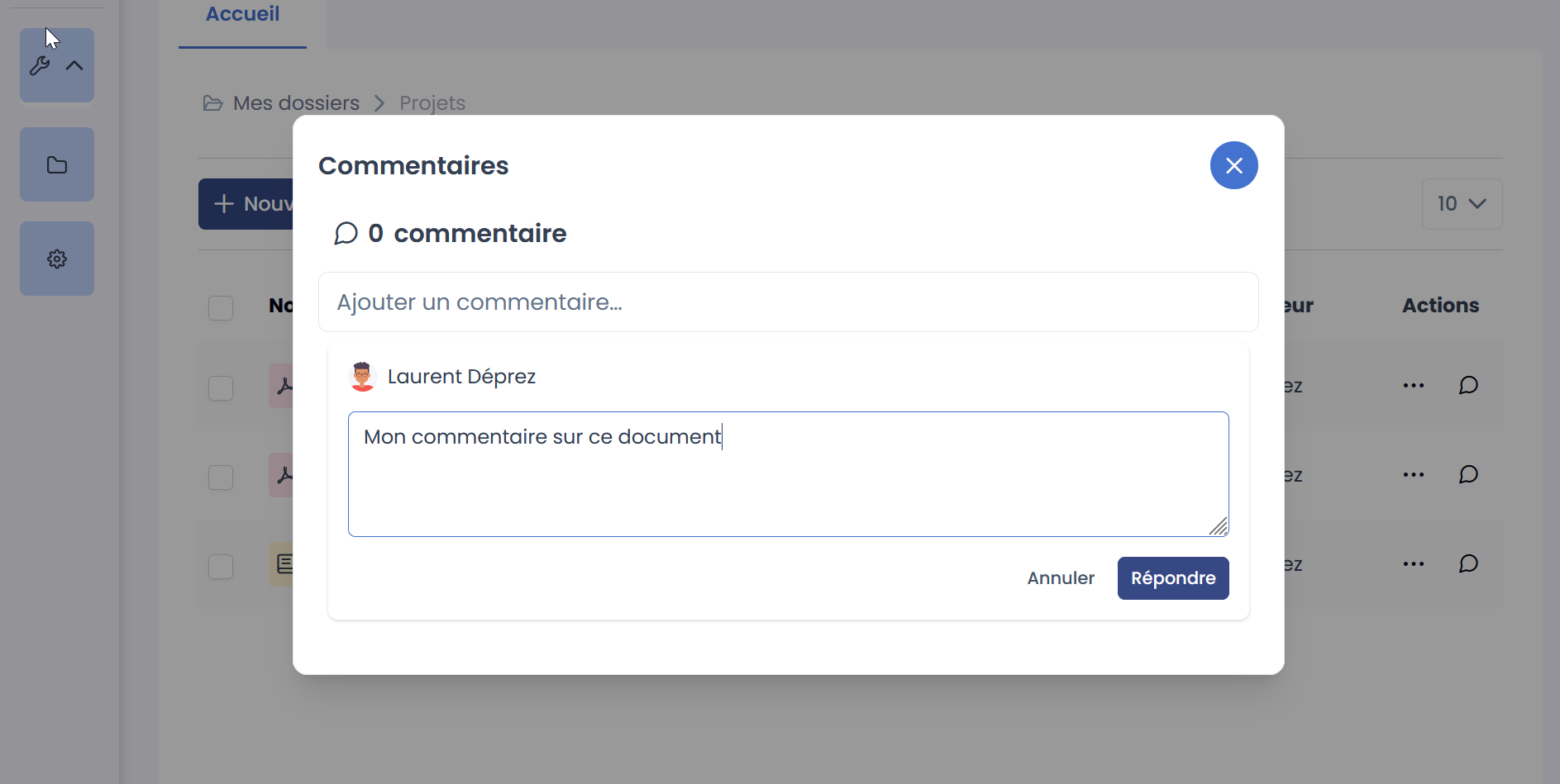 fenêtre de saisie du commentaire