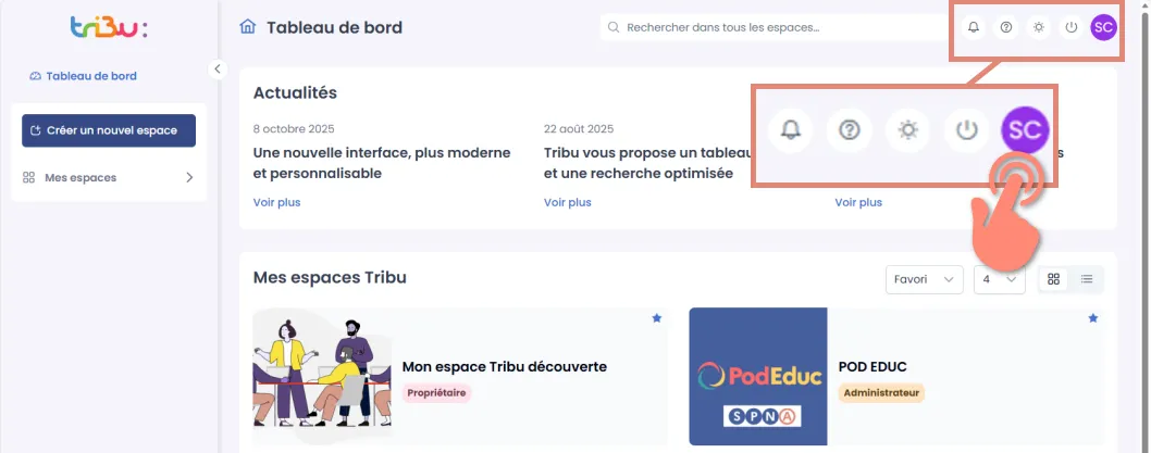 Cliquer sur initiales ou image profil