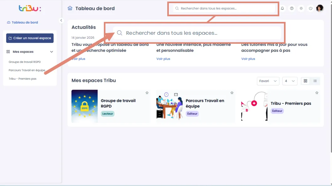 recherche dans tous les espaces – tableau de bord
