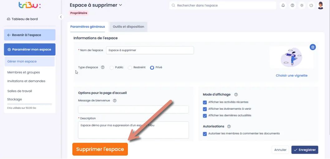 Bouton Supprimer dans les paramètres