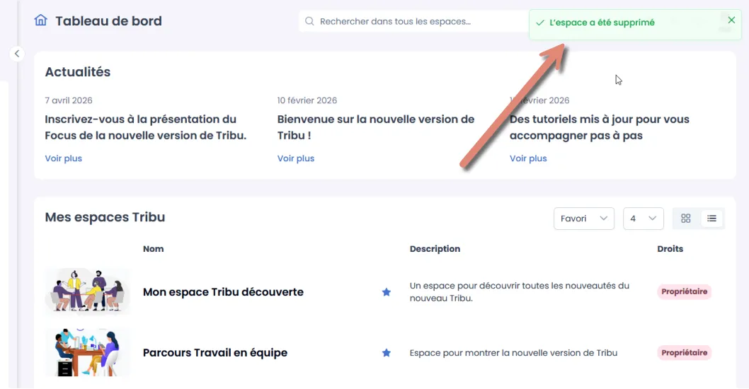 Notification de l&rsquo;espace supprimé