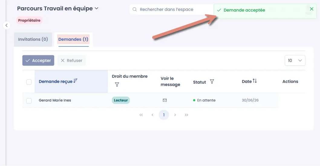 notification d’acceptation de la demande.