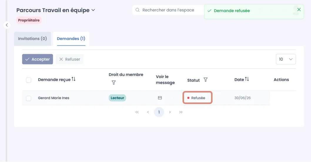 demande avec le statut Refusée.