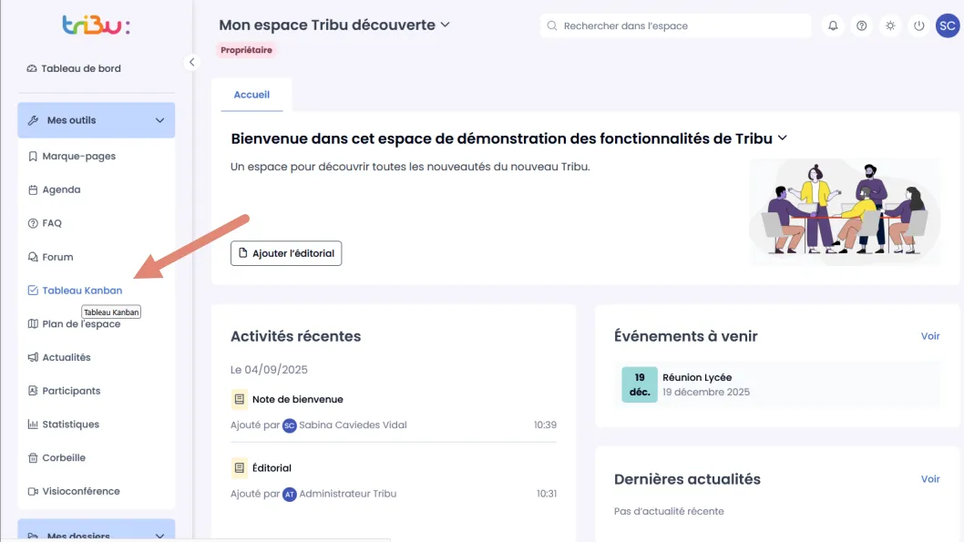 Kanban activé dans un espace à gauche