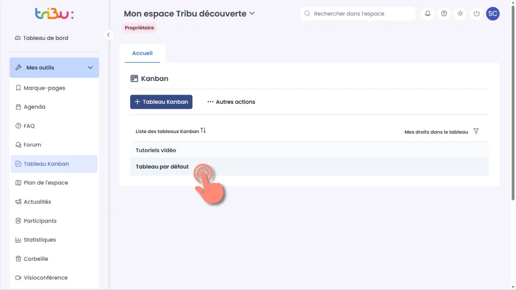ouvrir la section kanban et afficher la liste de tableaux