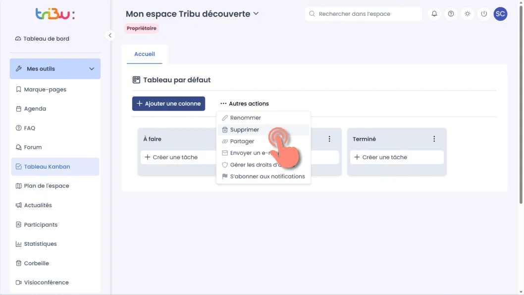 cliquez sur l&rsquo;option supprimer dans le menu à trois points du tableau