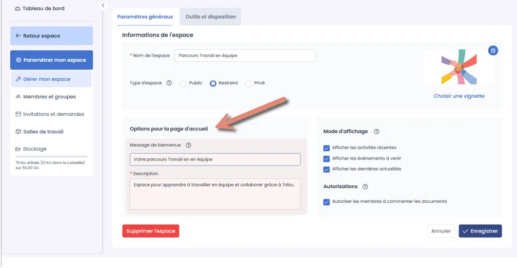 options de la page d’accueil.