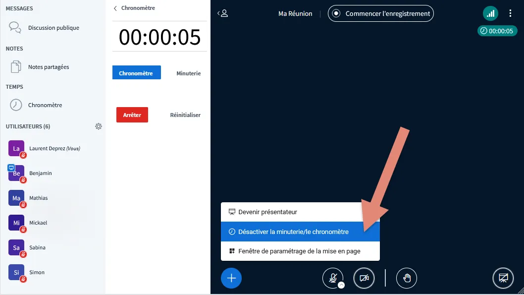 option Désactiver la minuterie ou le chronomètre pour fermer le volet &ldquo;Temps&rdquo;.