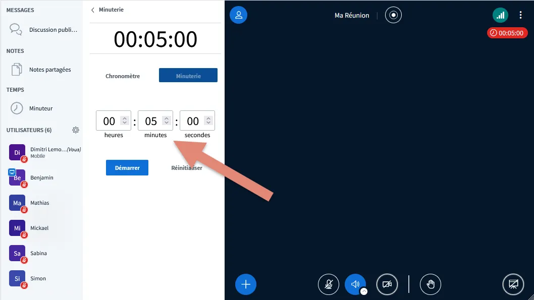 minuterie affichée avec une durée par défaut de 5 minutes.