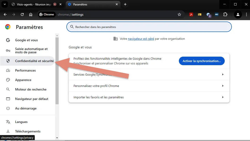 choix &ldquo;Confidentialité et sécurité&rdquo;.