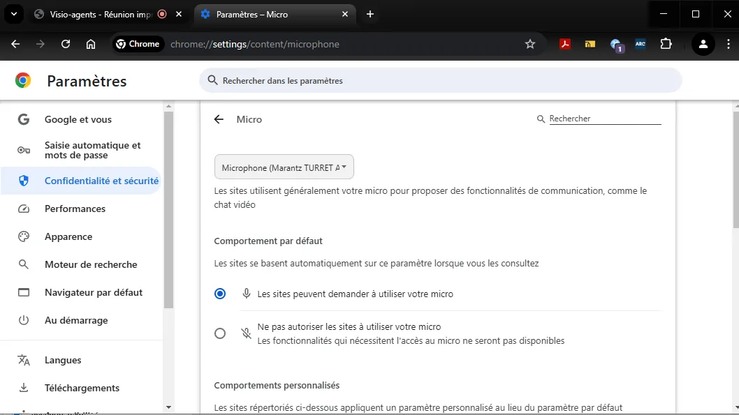 sélectionner le matériel pour le micro.
