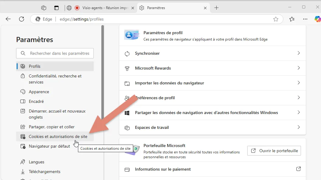 cookies et autorisations de site.