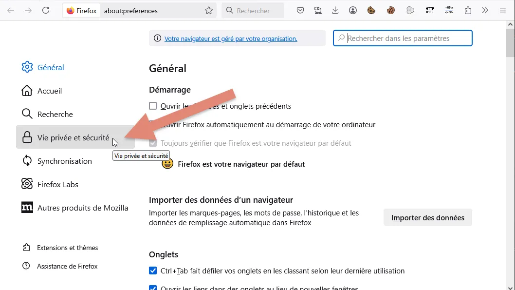 titre &ldquo;Vie privée et sécurité&rdquo; dans menu de gauche.