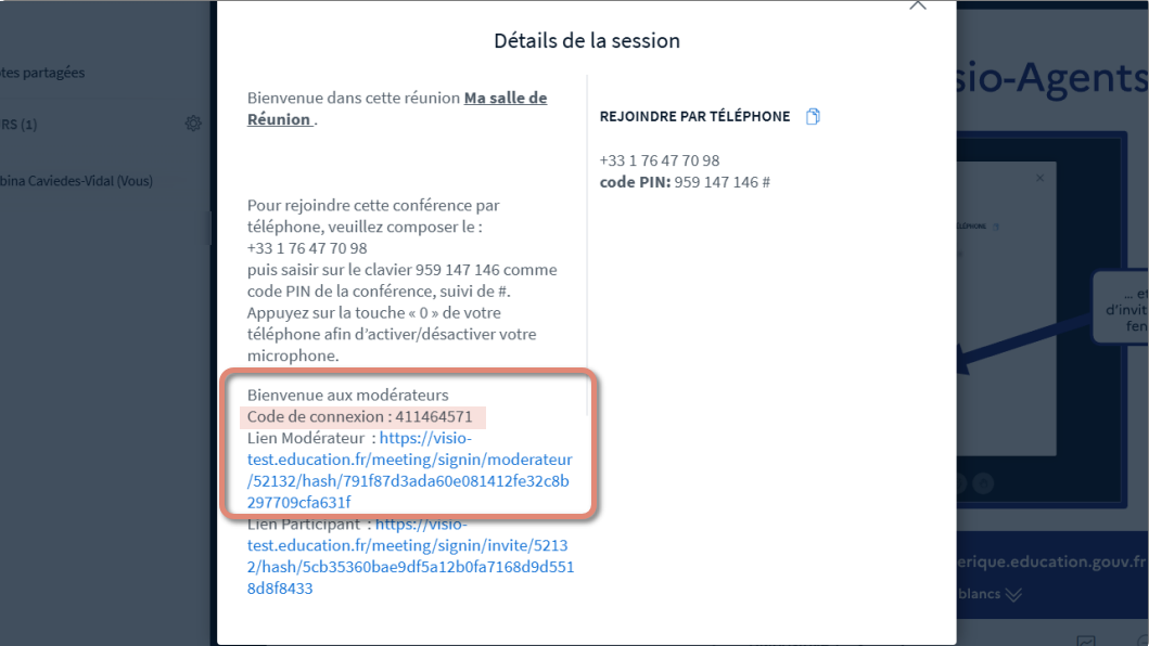 fenêtre affichant les détails de la session.