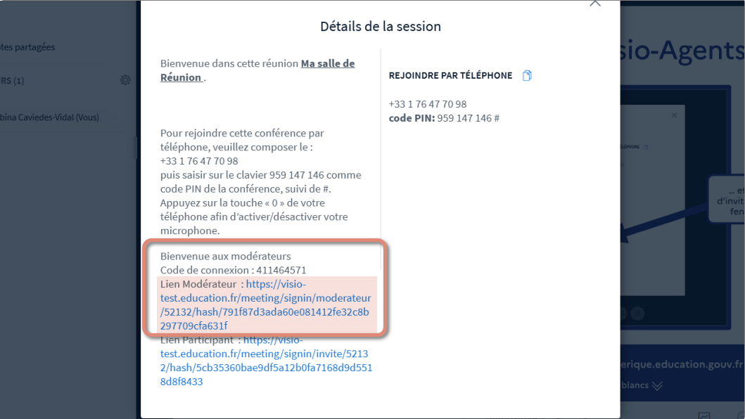 fenêtre affichant les détails de la session.