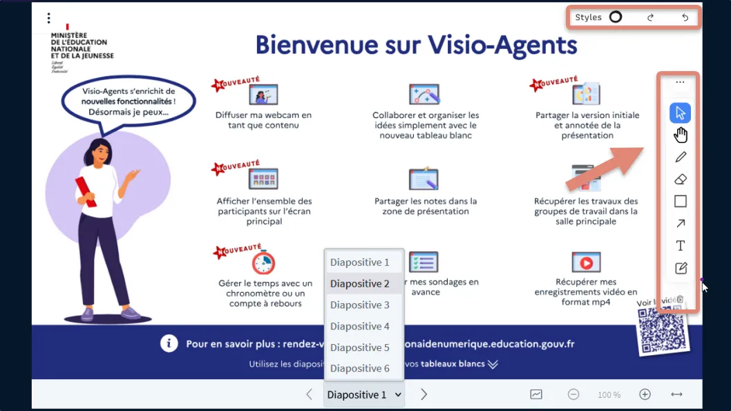menu d&rsquo;outils d&rsquo;annotation visible pour le présentateur.