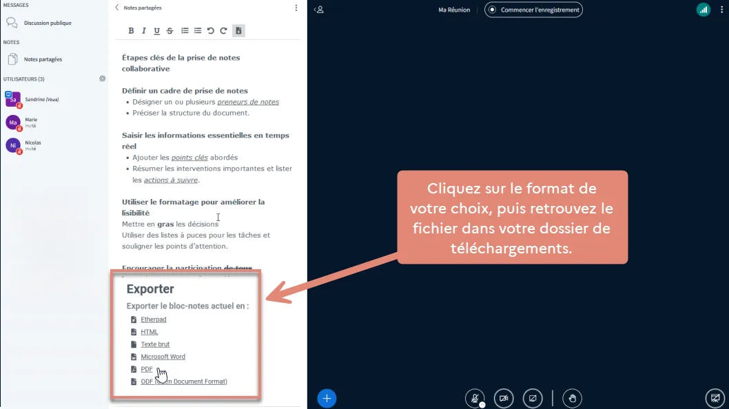 liste des formats d&rsquo;export disponibles.