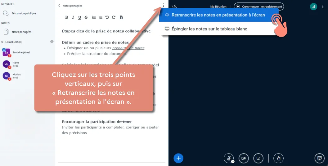 bouton &ldquo;trois points&rdquo; pour les options des notes.