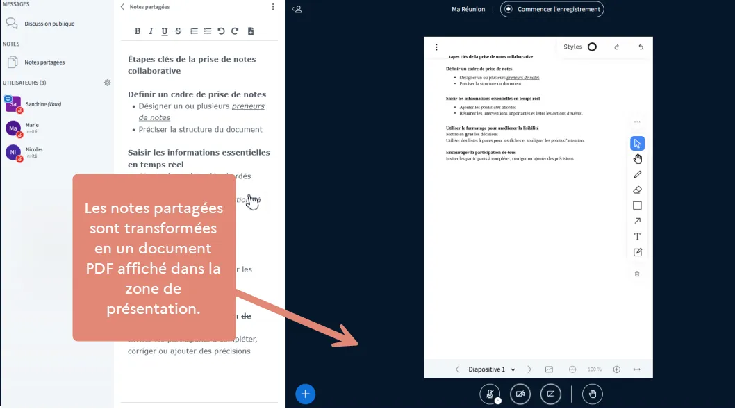notes transformées en PDF affichées dans la zone de présentation.