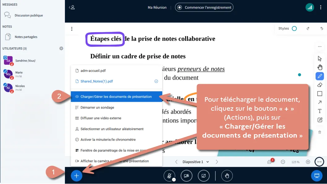 bouton &ldquo;+ Actions&rdquo; et option &ldquo;Charger/Gérer les documents de présentation&rdquo;.