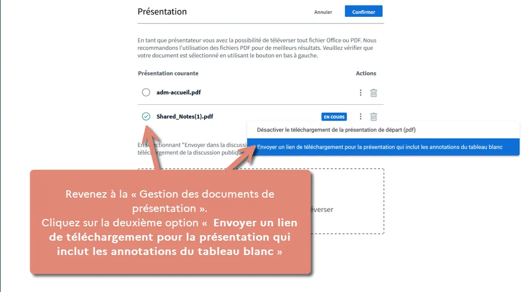 option Envoyer un lien de téléchargement pour présentation avec annotations.