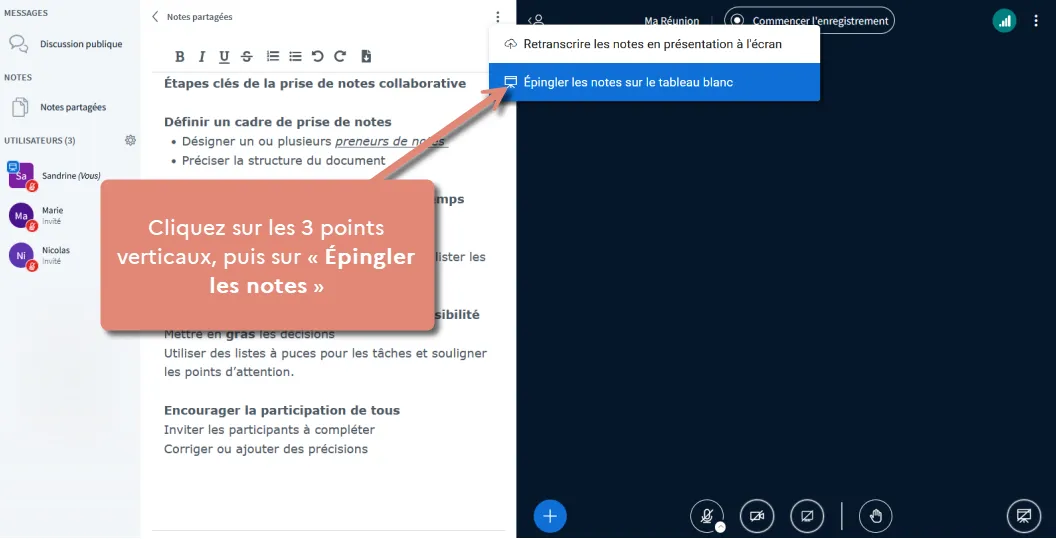 option &ldquo;épingler les notes&rdquo;.