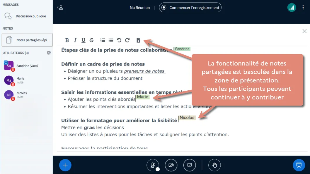 notes affichées dans la zone de présentation.