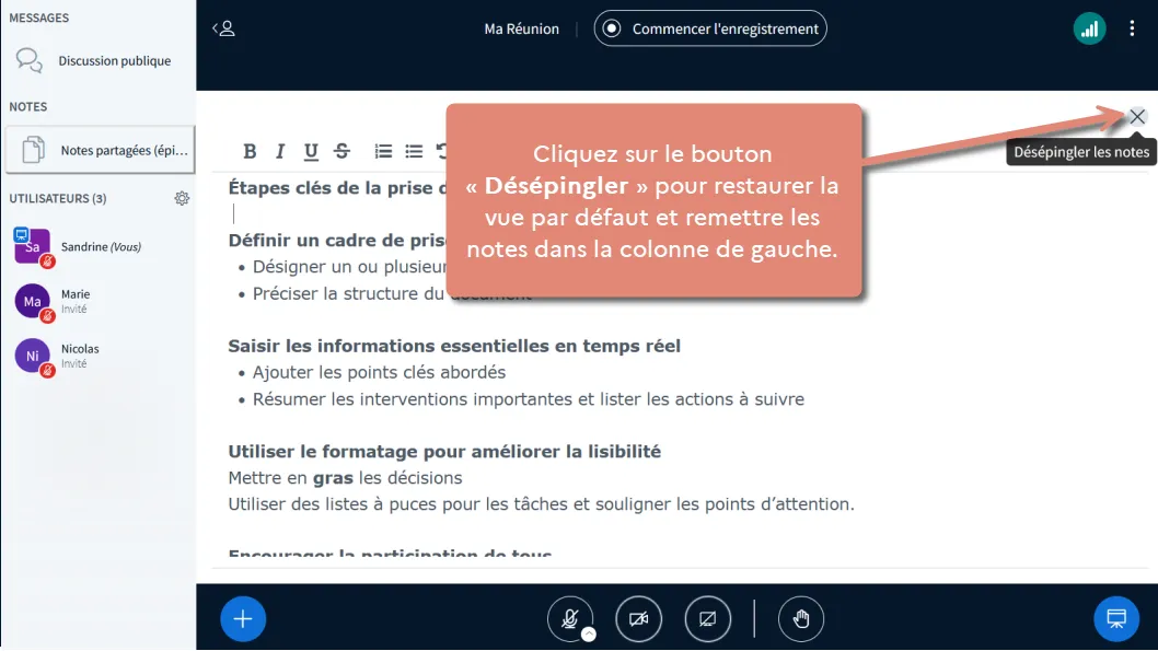 bouton &ldquo;Désépingler&rdquo;.