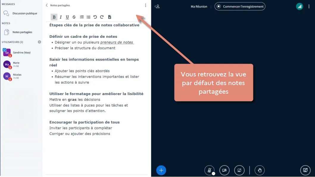 vue par défaut des notes partagées.
