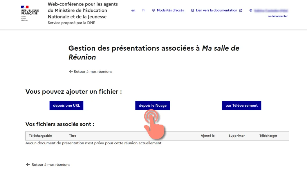 page de gestion des documents associés à la salle avec le bouton depuis Nuage.
