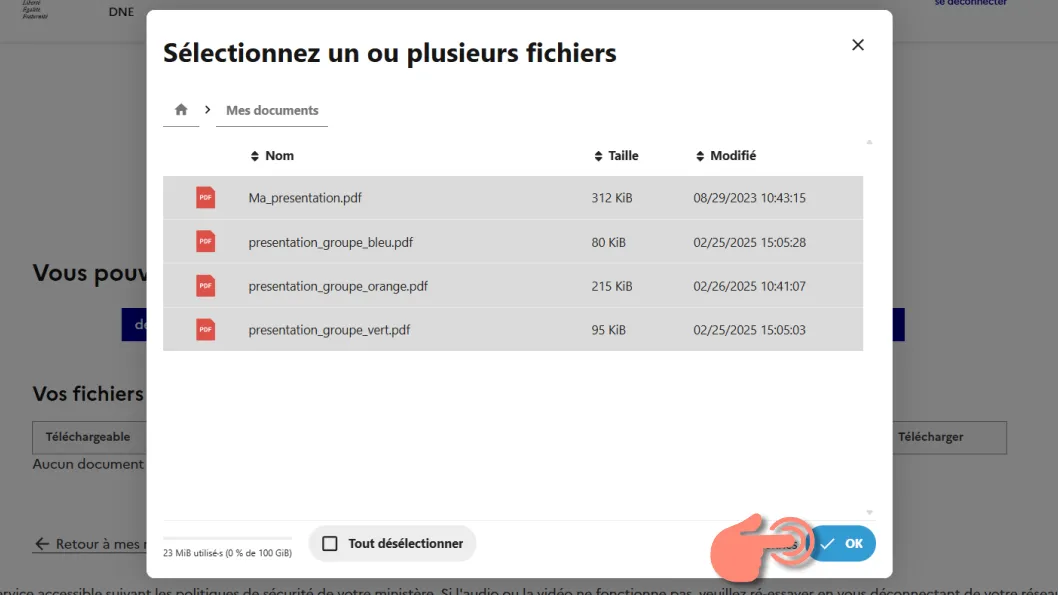 fenêtre modale affichant les dossiers de Nuage pour sélectionner des documents.