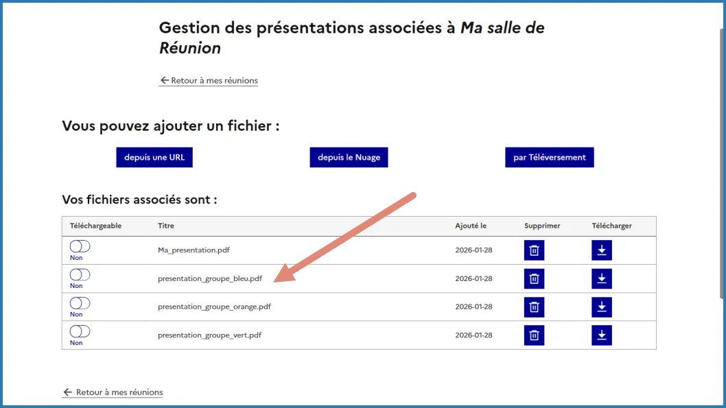 documents sélectionnés ajoutés à la liste des fichiers associés à la réunion.