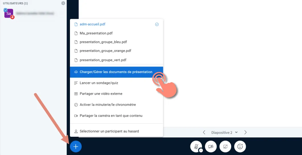 bouton actions et accès à charger gérer les documents de présentation.