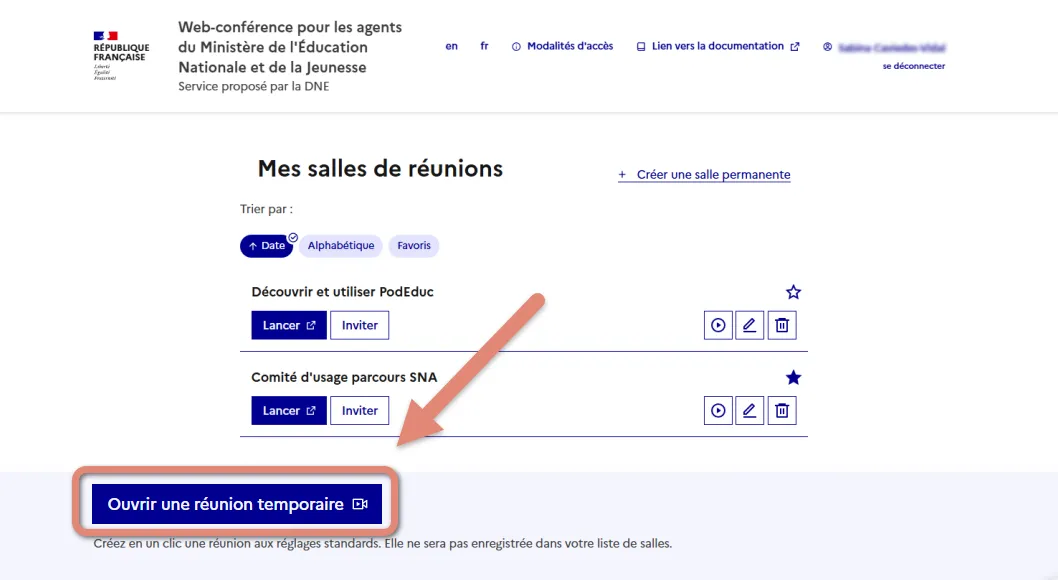bouton &ldquo;ouvrir une réunion temporaire&rdquo;.