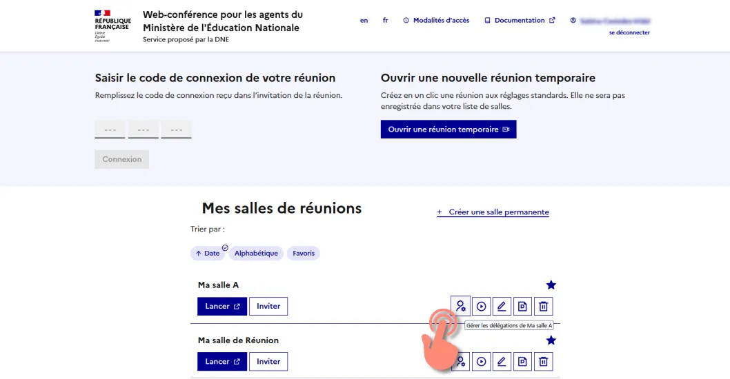 bouton &ldquo;Gérer la délégation de la salle&rdquo; dans le gestionnaire de réunions.