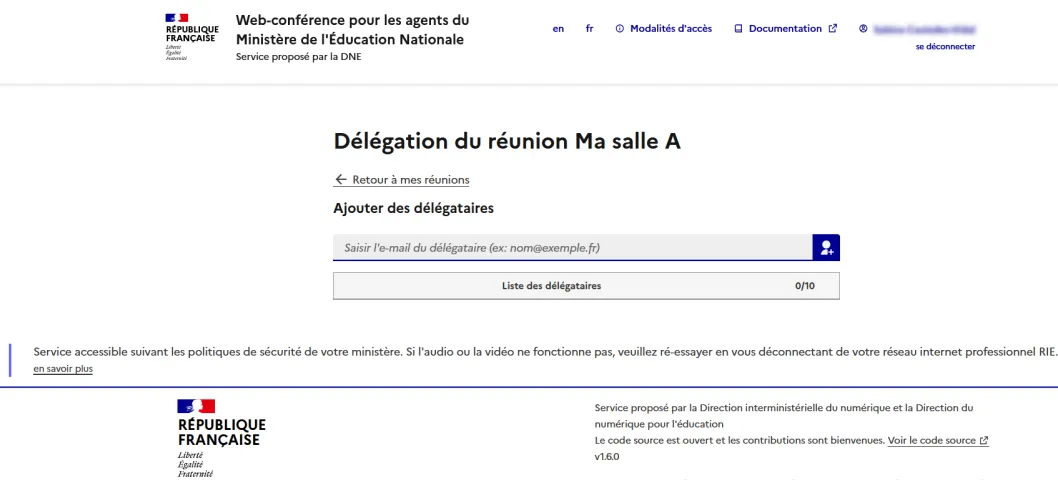 page de gestion des délégations d&rsquo;une salle.