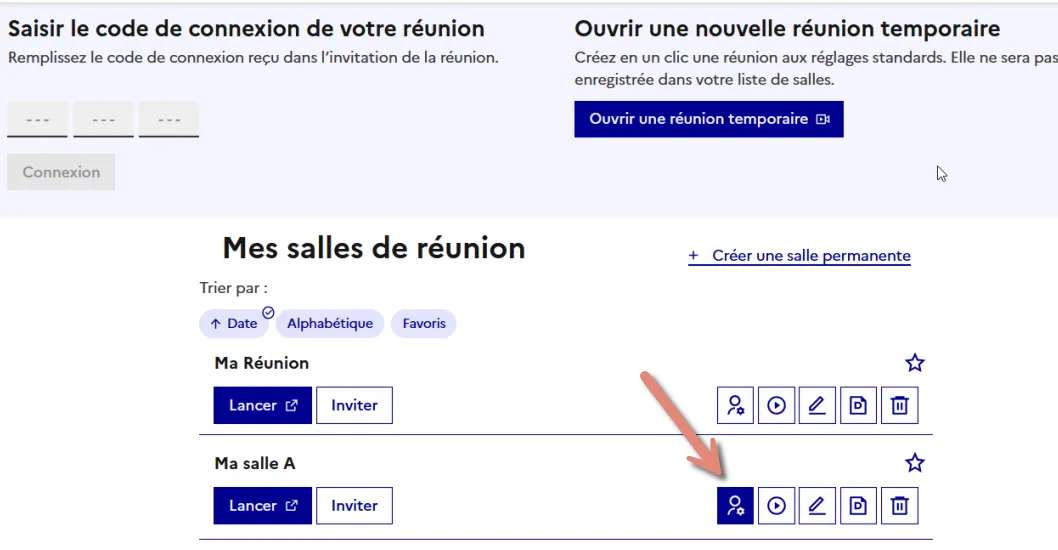 bouton &ldquo;Gérer la délégation de la salle&rdquo; en bleu.