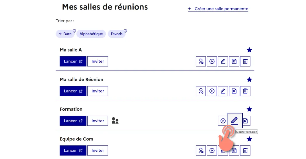 accès aux paramètres de la salle pour un délégataire.