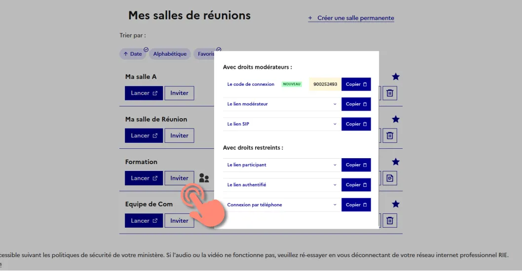 accès aux informations et liens d’invitation de la salle.