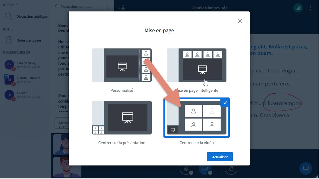 mise en page centrée sur les caméras.