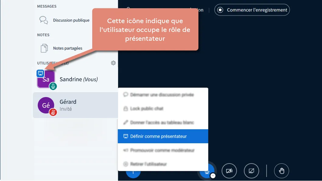 reconnaitre icône du rôle présentateur.