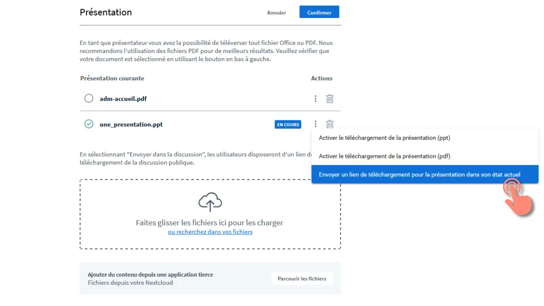 choisir envoyer téléchargement de présentation avec annotations du tableau blanc.